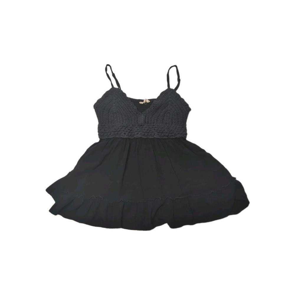 Hint of Blush Crochet Knit Babydoll Tank Sz M Black Boho Whimsigoth Fairy Goth